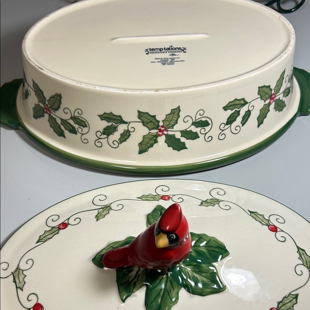 Temptations Cardinal Holiday Casserole Dish Set with Holly and Berry Accents - Picture 7 of 13
